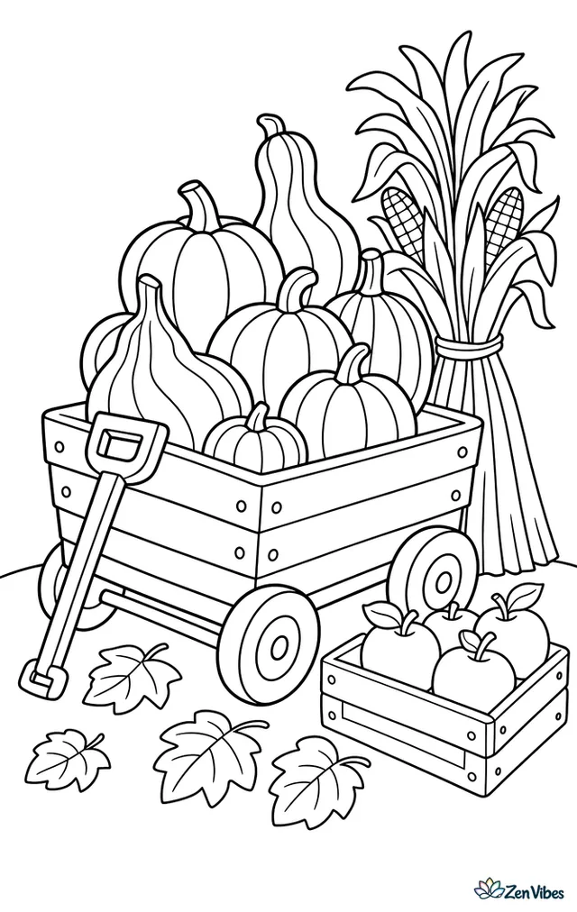 A small wooden wagon is piled with striped gourds and mini pumpkins beside a farm stand, with cornstalk bundles, apple crates, and fluttering leaves around it.