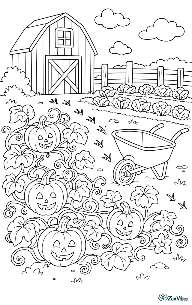 Several jack-be-little pumpkins are growing on winding vines while a wheelbarrow waits nearby, with a barn, crow footprints, and rows of leafy plants stretching across the patch.