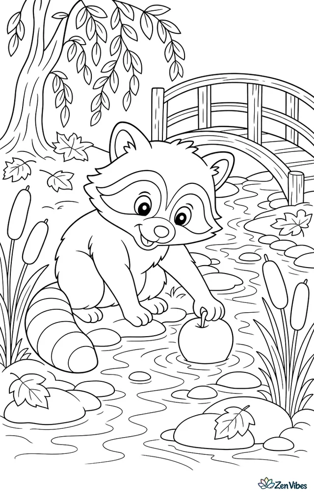 A raccoon is dipping a fallen Gala apple into a shallow creek, with smooth stones, cattails, yellow willow leaves, and a wooden footbridge completing the autumn woodland setting.