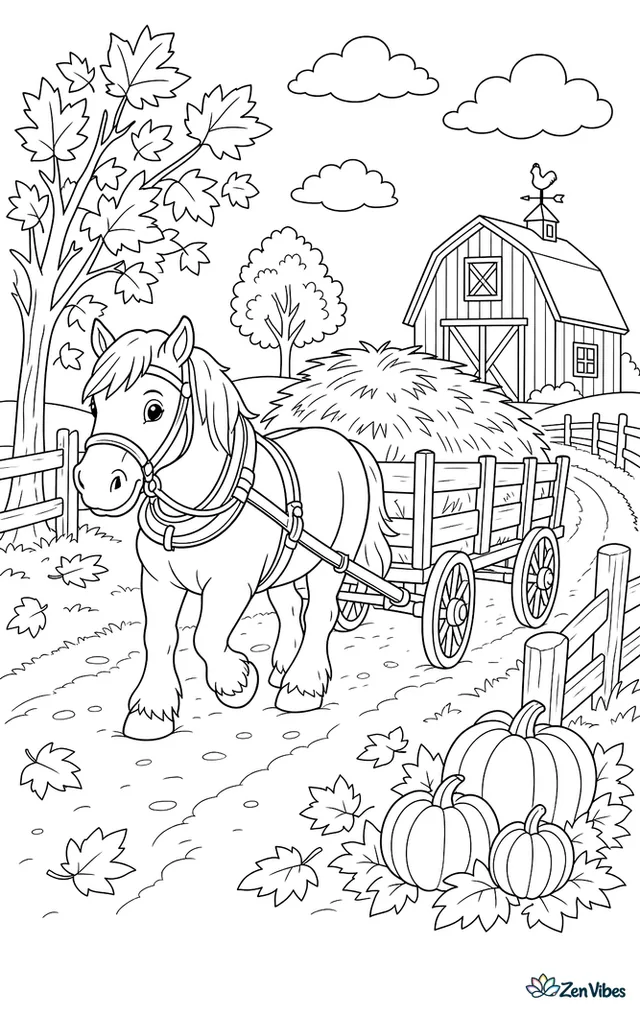 A hay wagon is rolling down a country lane behind a calm draft horse, passing maple trees, fence posts, pumpkins, and a red barn under drifting fall clouds.
