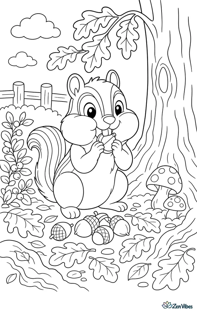 A chipmunk is stuffing acorns into its cheeks beside an oak tree, with roots, mushrooms, berry bushes, and layered leaves covering the forest floor.