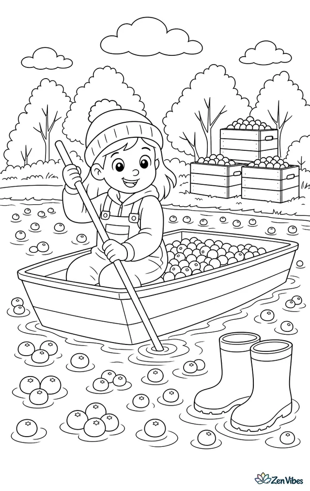A small flat-bottom boat is gliding through a cranberry bog, with floating berries, rubber boots, distant trees in orange foliage, and stacked harvest crates along the bank.