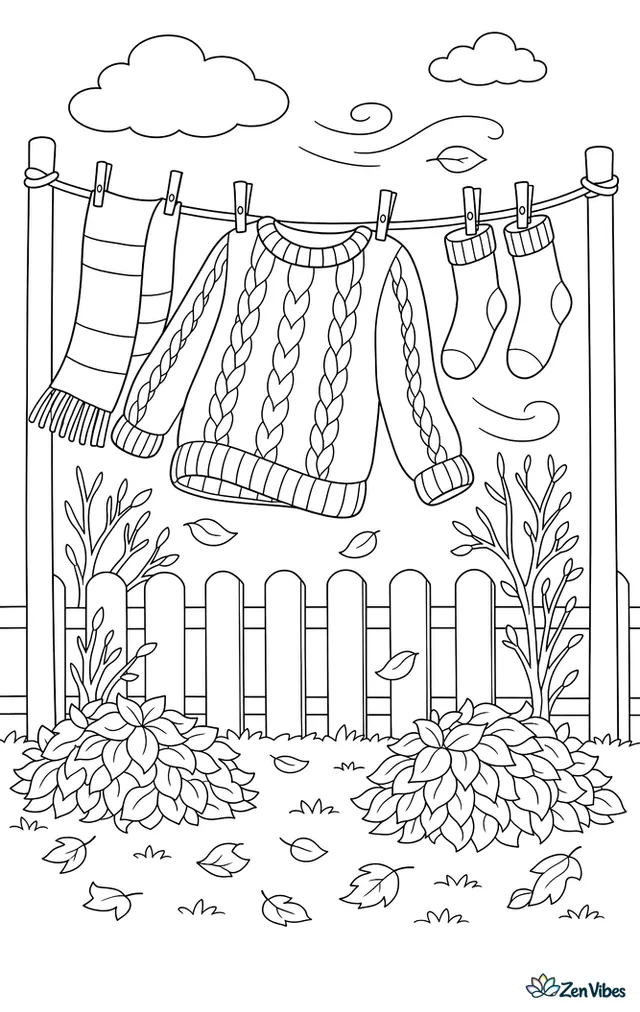 A knitted sweater is drying on a backyard clothesline, fluttering beside scarves and socks, with leaf piles, a wood fence, and bare shrubs under a cool autumn breeze.