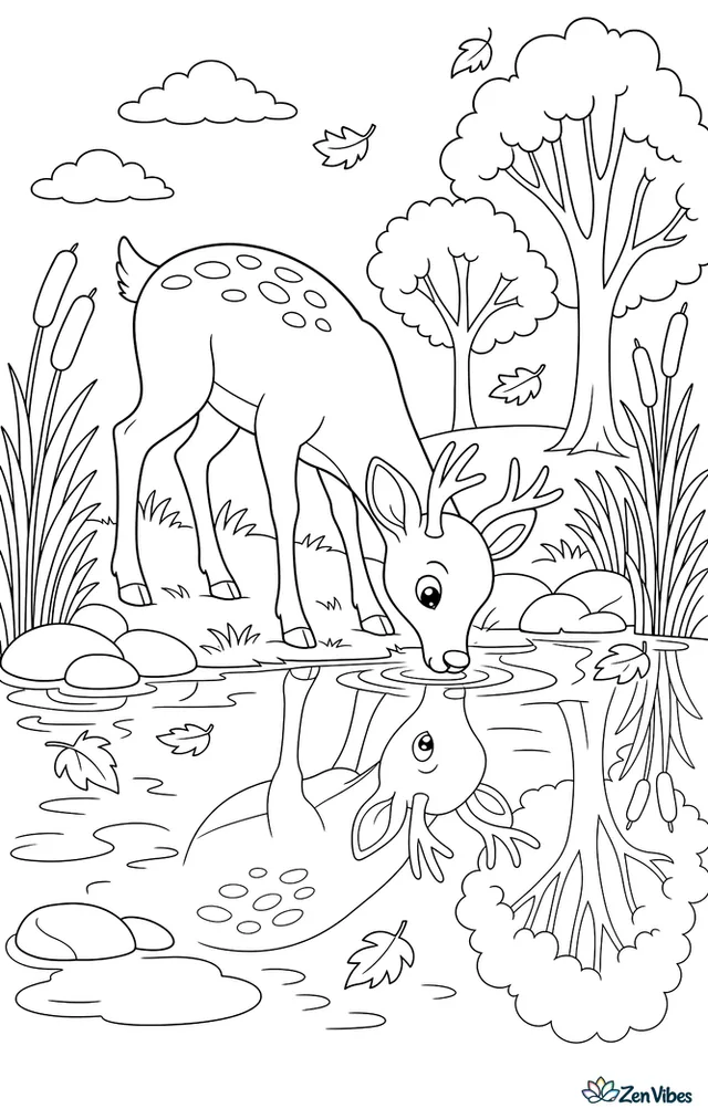 A white-tailed deer is lowering its head to a pond, with reeds, cattails, mirrored trees, smooth rocks, and falling leaves creating a peaceful fall waterside scene.