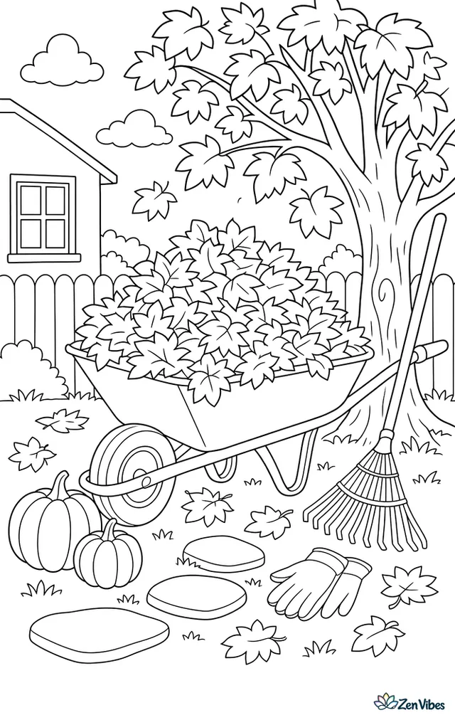 A metal wheelbarrow overflowing with raked leaves is parked beside a maple tree, with a rake, garden gloves, pumpkins, and stepping stones in a tidy autumn yard.