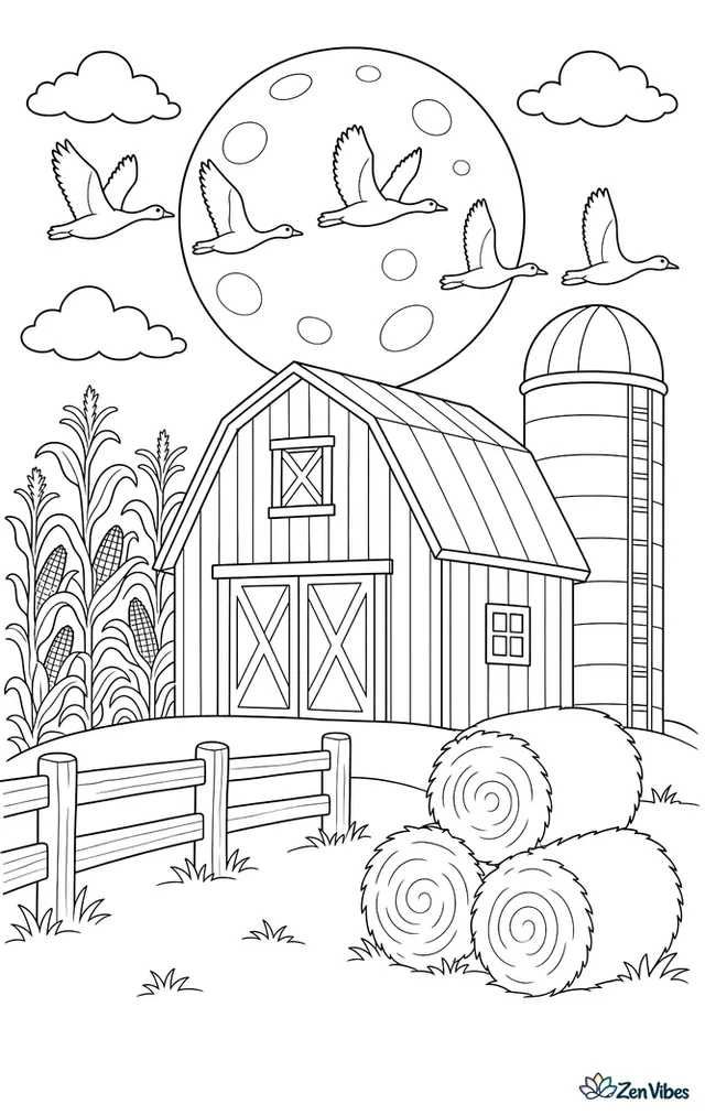A large harvest moon is rising behind a wooden barn and silo, with cornfields, fence rails, hay bales, and circling geese crossing the evening sky.