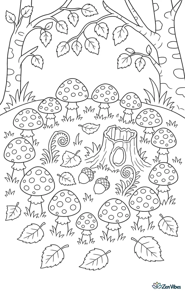 A ring of fly agaric mushrooms circles a grassy woodland glade, with fallen birch leaves, curled ferns, acorns, and a hollow stump beneath arching tree branches.