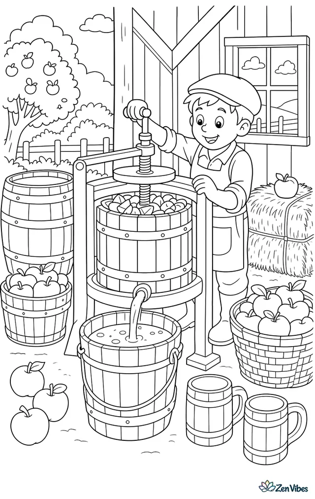 A hand-crank cider press is squeezing juice from chopped McIntosh apples, with barrels, mugs, straw bales, and baskets of fruit arranged in a bustling harvest shed.