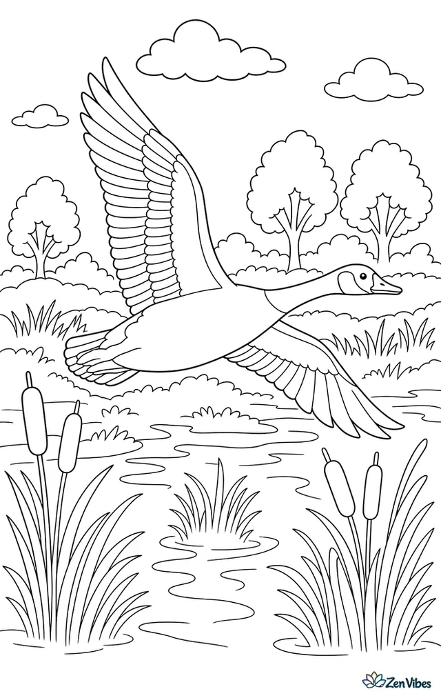 A Canada goose is gliding low over a marsh, with cattails, rippling water, reeds, and distant trees in russet colors reflecting the season below.