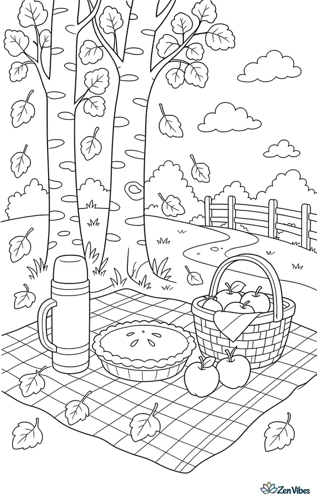 A plaid picnic blanket is spread beneath aspens with a thermos, pie, apples, and a basket, while leaves drift down around tree trunks and a nearby path.