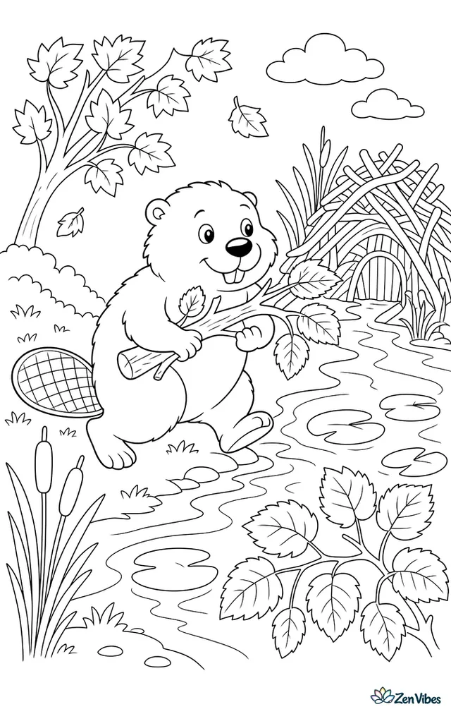 A beaver is carrying a branch toward its dam on a stream, with lily pads, reeds, alder leaves, and a lodge tucked beside the autumn bank.