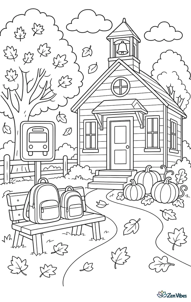A rural bus stop sign stands near an old schoolhouse, with backpacks on a bench, swirling leaves, pumpkins by the steps, and trees turning gold behind the building.