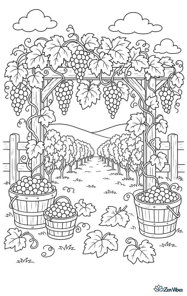 A wooden arbor is draped with Concord grapevines and hanging clusters, with baskets below, fallen leaves, curling tendrils, and rows of vines stretching into the vineyard.