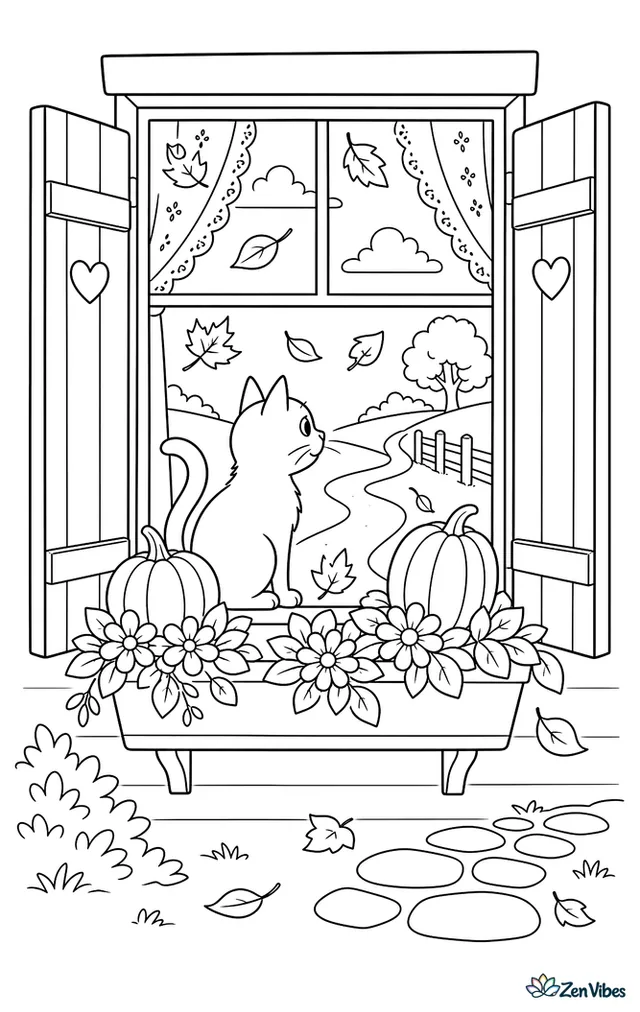 A black cat is sitting in a farmhouse window watching leaves blow past, with flower boxes, pumpkins on the sill, lace curtains, and a winding path outside.