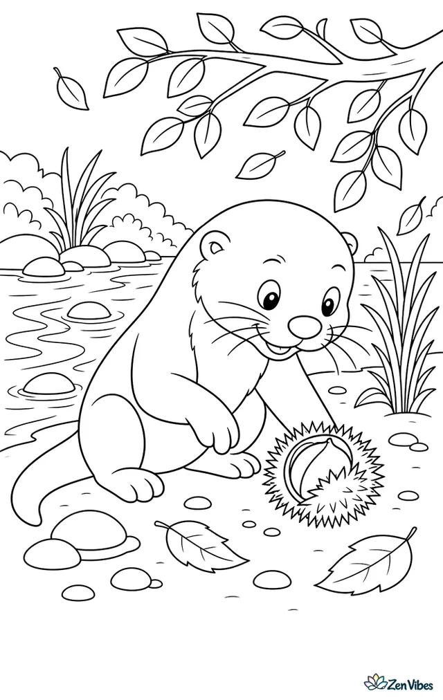 A river otter is examining a spiky chestnut burr on the bank, with rippling water, reeds, stones, overhanging branches, and drifting leaves around the curious animal.