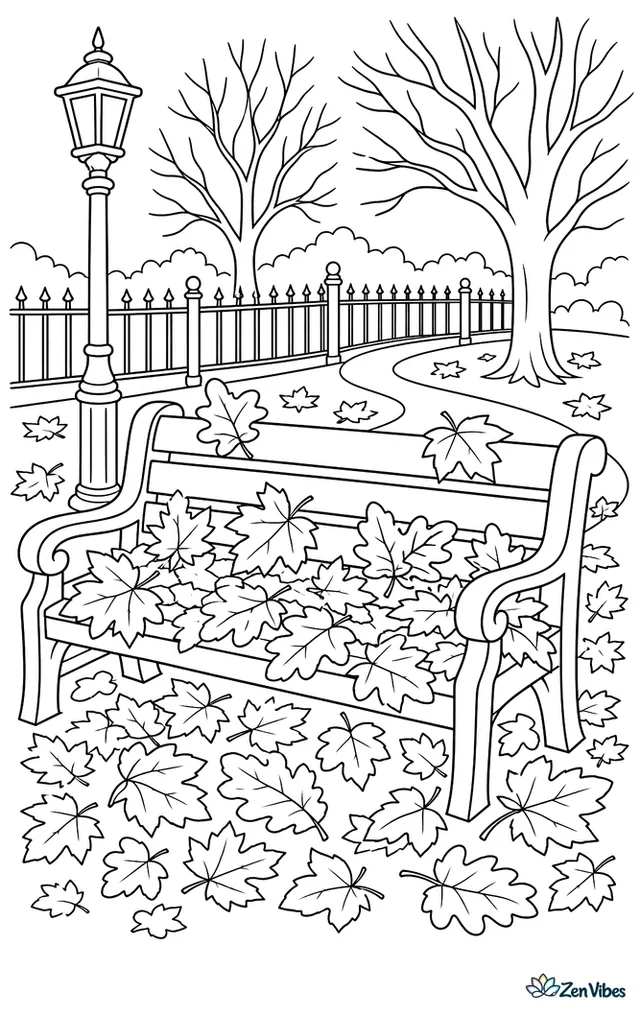 A wooden park bench is nearly covered with fallen maple and oak leaves, with a lamppost, winding path, iron fence, and bare-branched trees in a quiet city park.