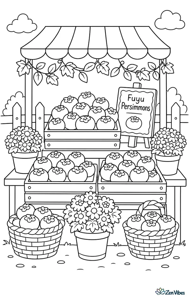 Crates of ripe Fuyu persimmons are stacked at an outdoor market stall, with chalkboard signs, woven baskets, potted mums, and garlands of leaves decorating the stand.