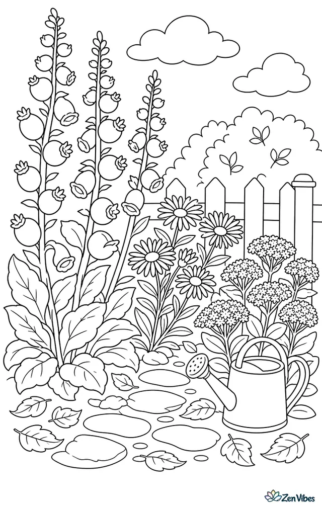 Tall foxglove seed pods sway in a cottage garden beside asters and sedum, with a stone path, watering can, low fence, and fallen leaves gathered between plants.