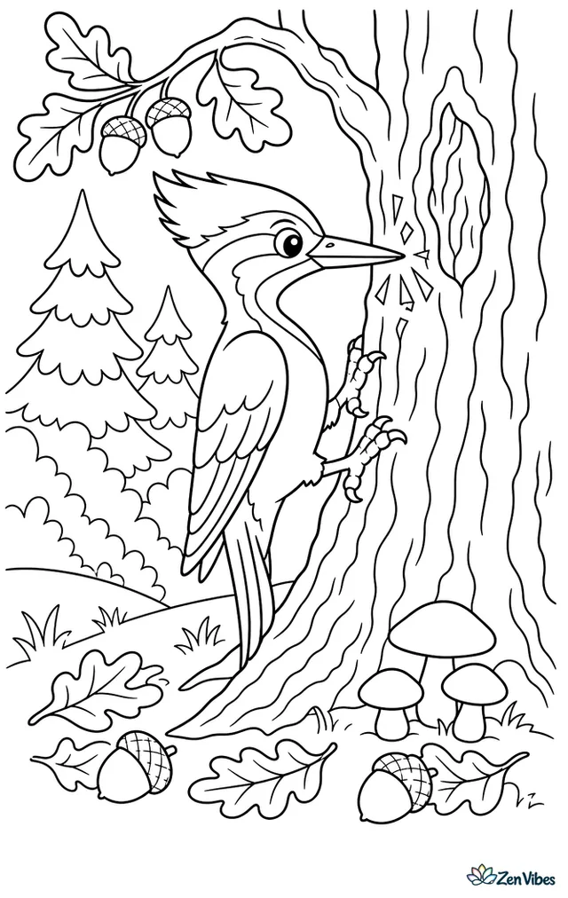A pileated woodpecker is pecking at an old oak trunk, with acorns, textured bark, mushrooms, turning leaves, and layered forest trees filling the background.