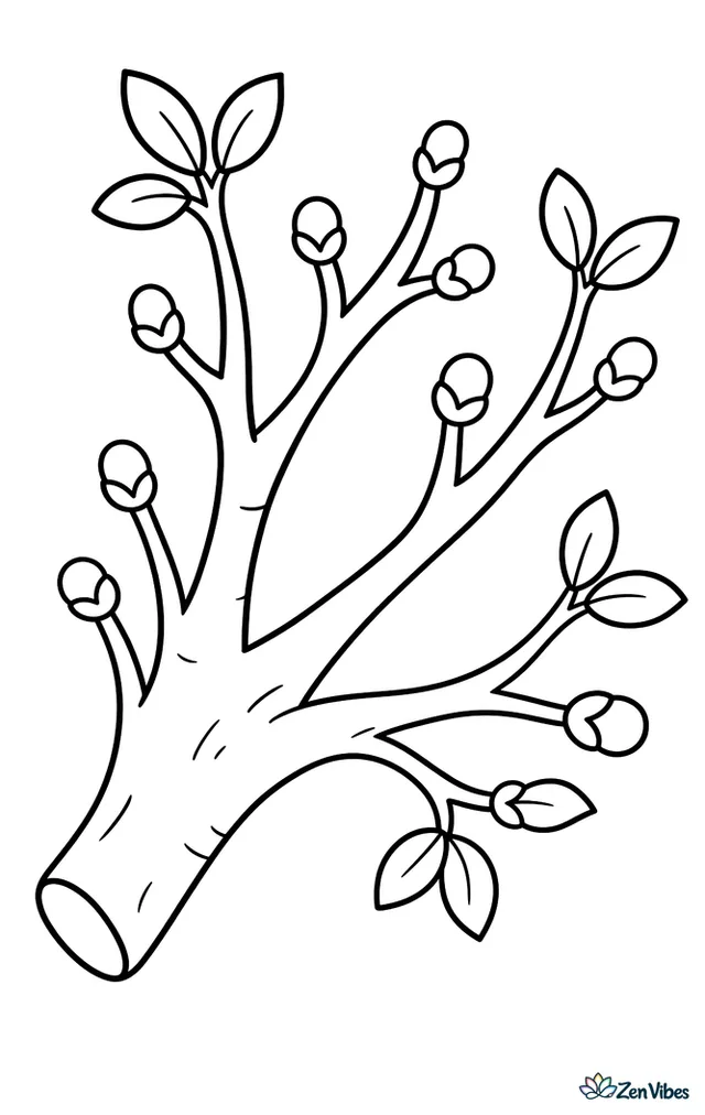 A bare branch crossing the page with small round buds and a few new leaves
