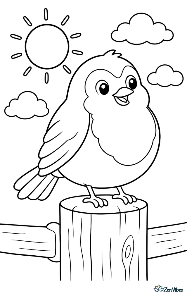 A plump robin perched on a wooden fence post, with a few clouds and the sun behind it