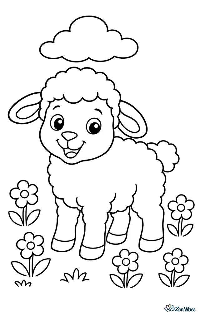 A woolly lamb standing in a meadow with small flowers around its feet and a cloud overhead