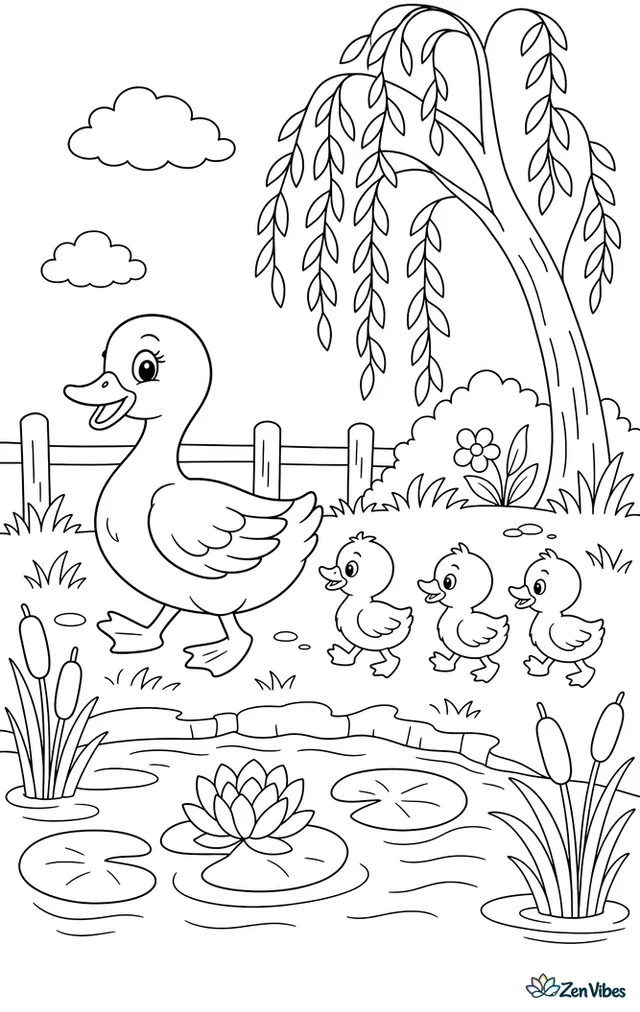 A mother duck leading three ducklings along the edge of a pond with reeds, lily pads, and a willow tree on the bank