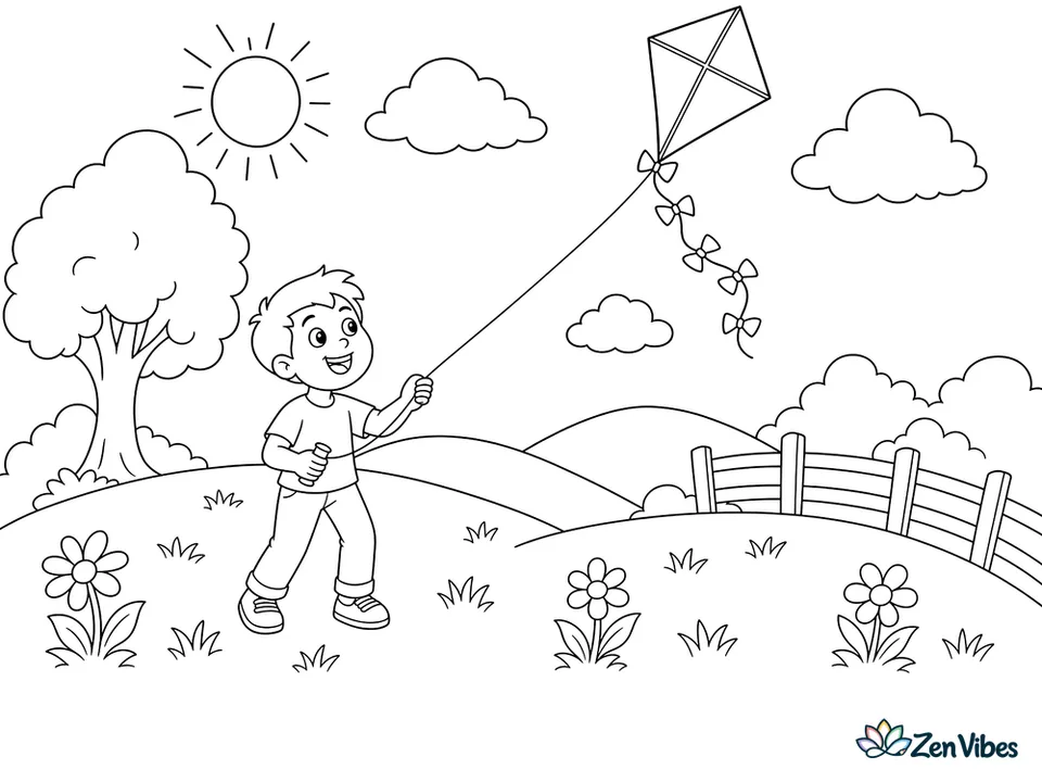 A diamond kite with a long tail flying above rolling hills, with clouds, the sun, and a child holding the string at the bottom of the hill