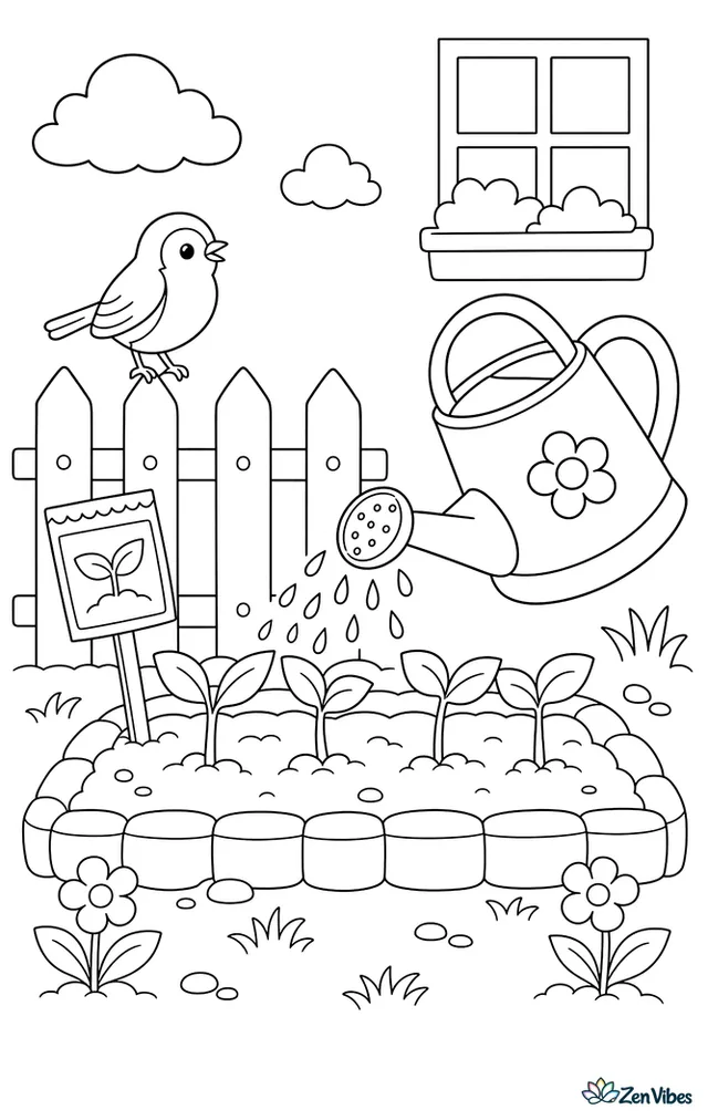 A watering can pouring onto a row of seedlings in a garden bed, with a small fence, a seed packet on a stick, and a robin watching from the fence