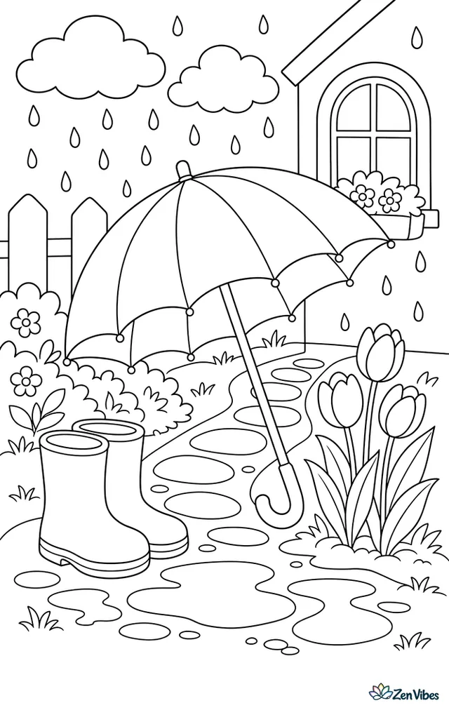 An open umbrella with a curved handle under falling rain, with puddles, a pair of boots, and tulips beside a garden path