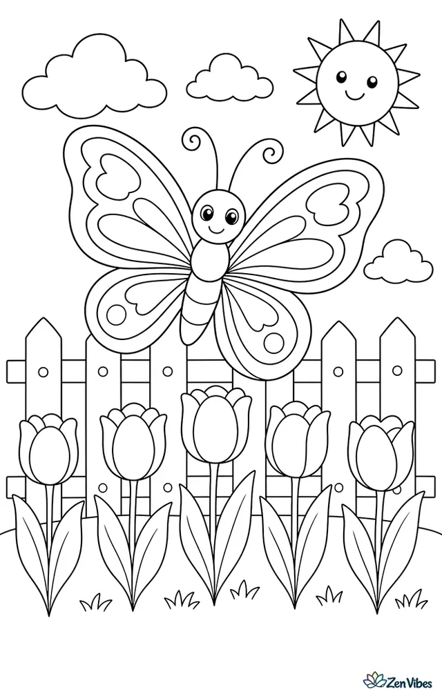 A large butterfly hovering over a row of tulips in front of a garden fence, with clouds and the sun above