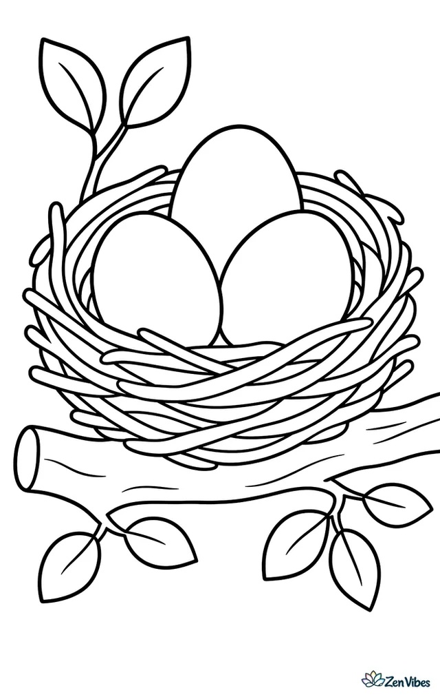 A round nest of twigs holding three eggs, resting on a branch with new leaves