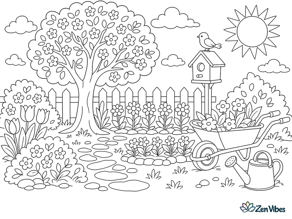 A garden scene with a blossoming tree, a fence, rows of flowers, a wheelbarrow, a birdhouse, a bird, clouds, and the sun