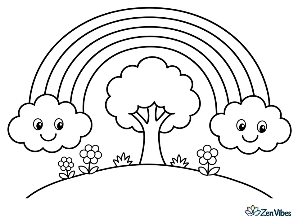 A rainbow arching between two clouds over a small hill with a single tree and a few flowers
