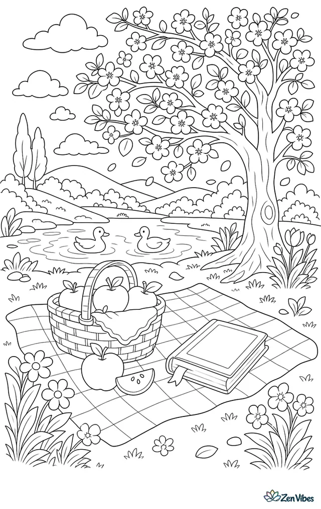 A picnic blanket with a basket, apples, and a book under a tree covered in blossoms, with a pond, two ducks, and hills behind