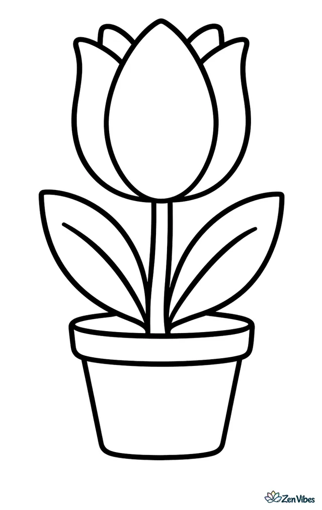 One big tulip in a flower pot with two leaves