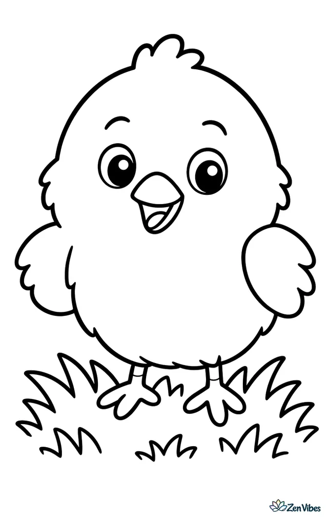 A round fluffy chick standing in a patch of grass