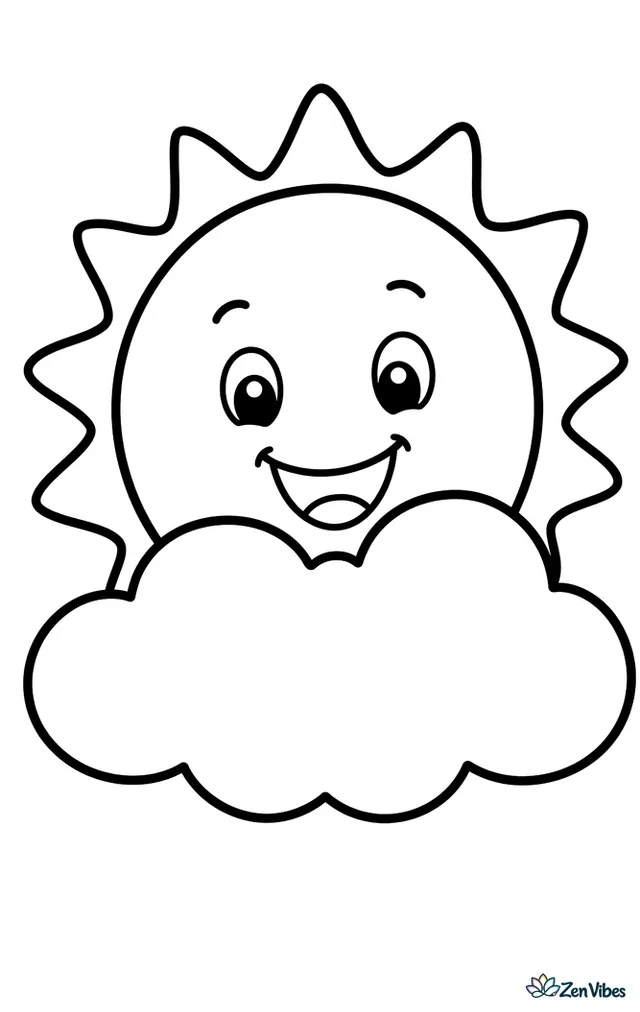 A big smiling sun peeking from behind one fluffy cloud