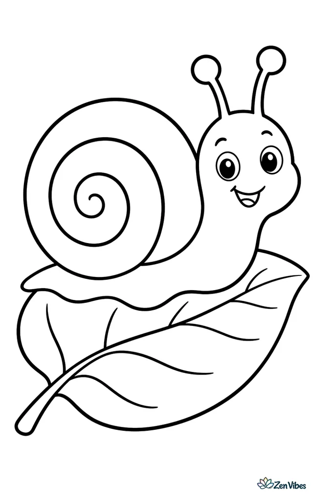 A snail with a swirly shell crawling along a big leaf