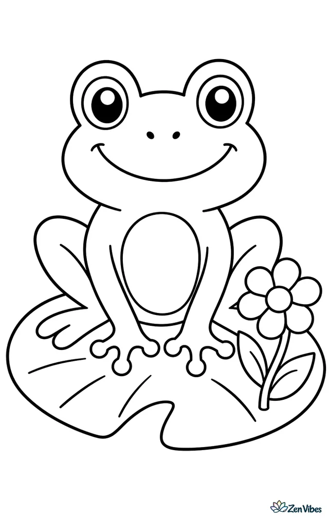 A frog sitting on a lily pad with a small flower beside it