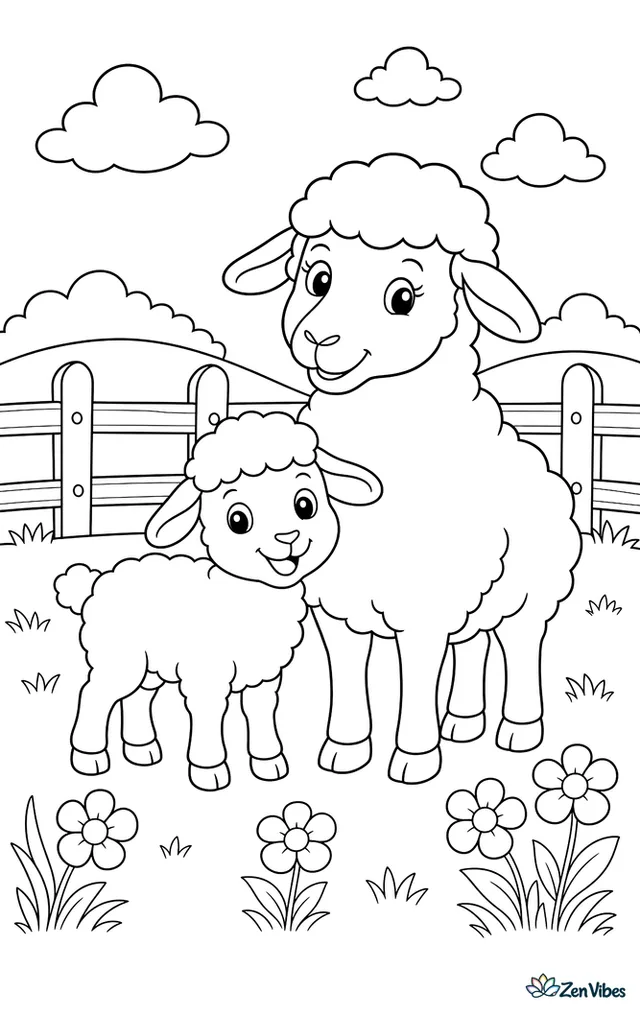 A lamb standing beside its mother sheep in a meadow with a fence