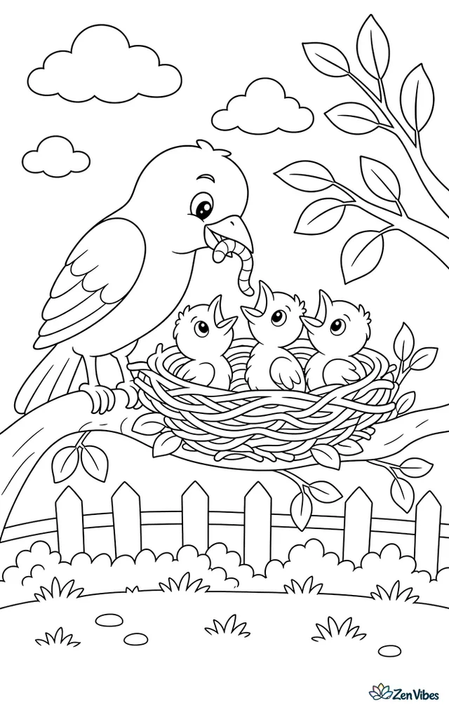 A parent bird feeding three open-mouthed chicks in a nest on a branch