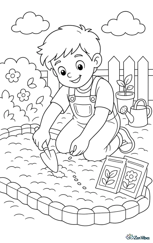 A child kneeling by a garden bed planting seeds with a trowel and seed packets