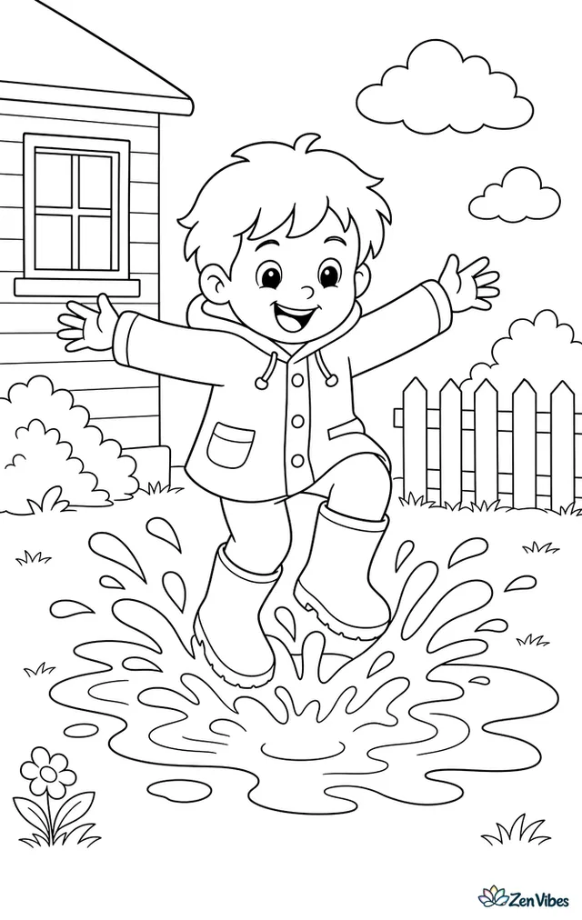 A child in rain boots jumping into a big puddle with splashes flying