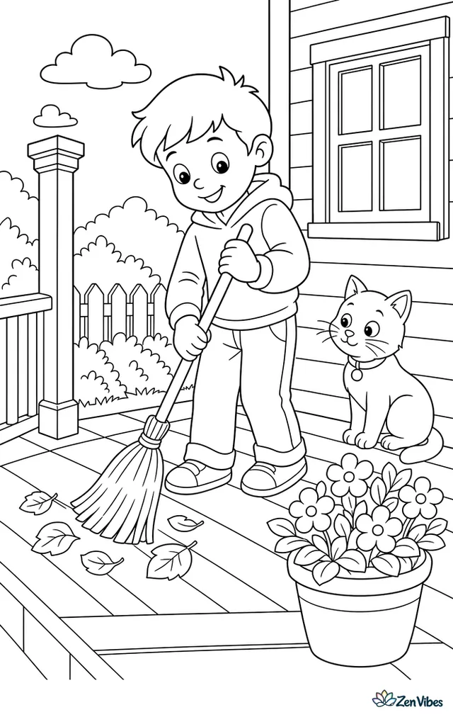 A child sweeping a porch with a broom while a cat watches and flowers bloom nearby