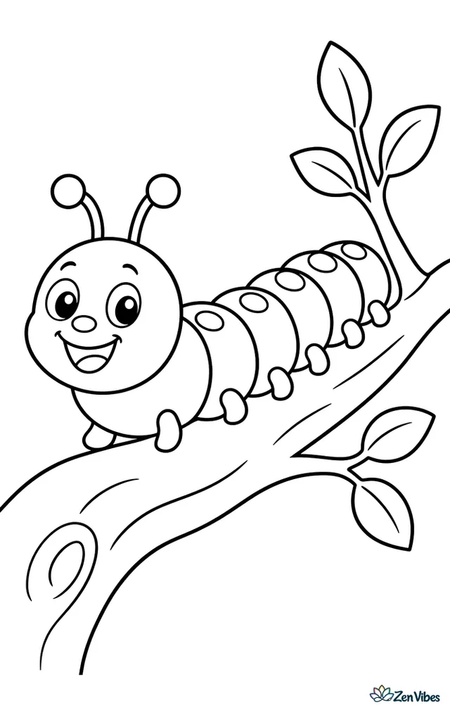 A caterpillar with many round segments crawling along a branch with new leaves