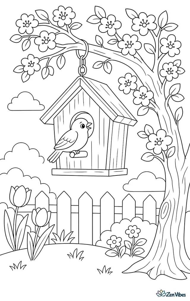 A wooden birdhouse hanging from a blossoming tree with a bird at the entrance