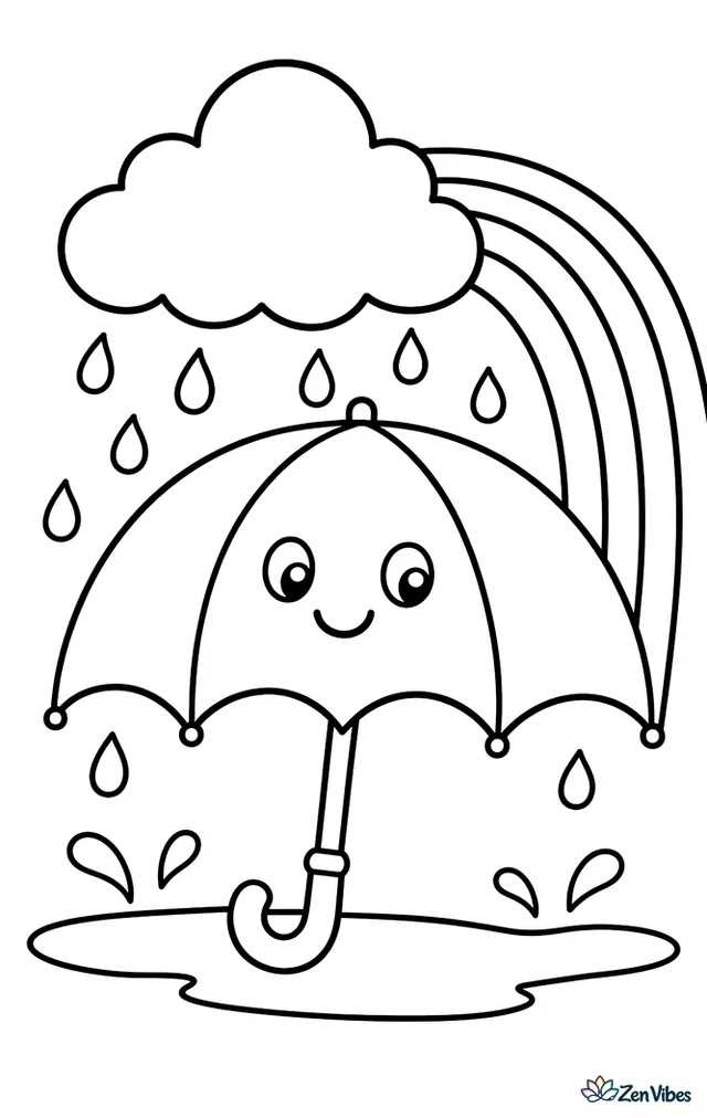 An open umbrella under a cloud with raindrops and a rainbow starting behind
