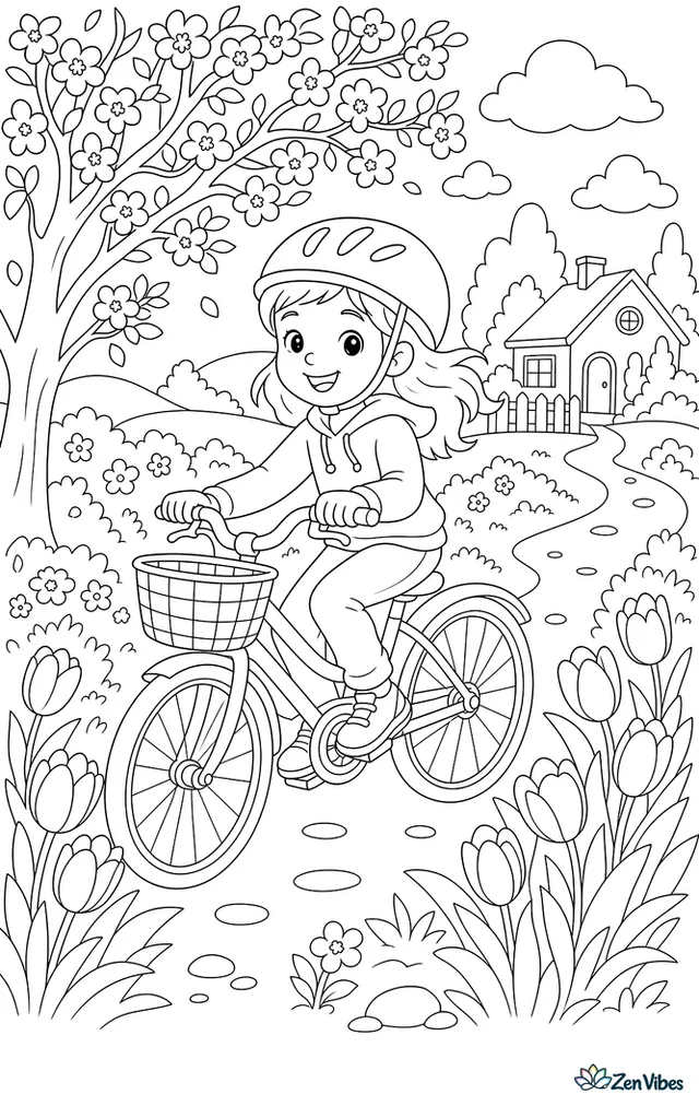 A child riding a bicycle along a path with tulips and a tree in blossom