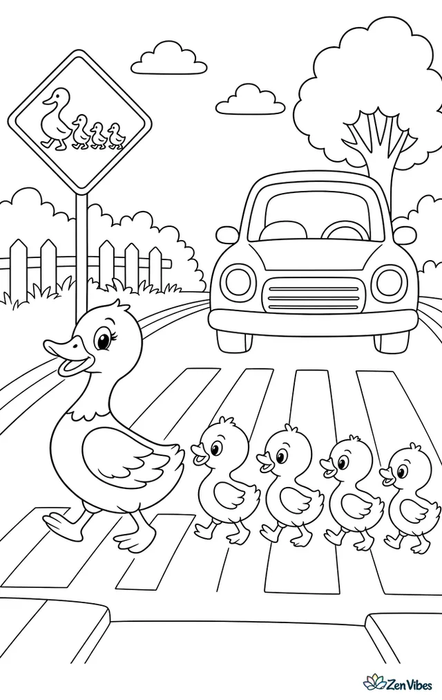 A mother duck leading ducklings across a road while a car waits and a sign shows ducks